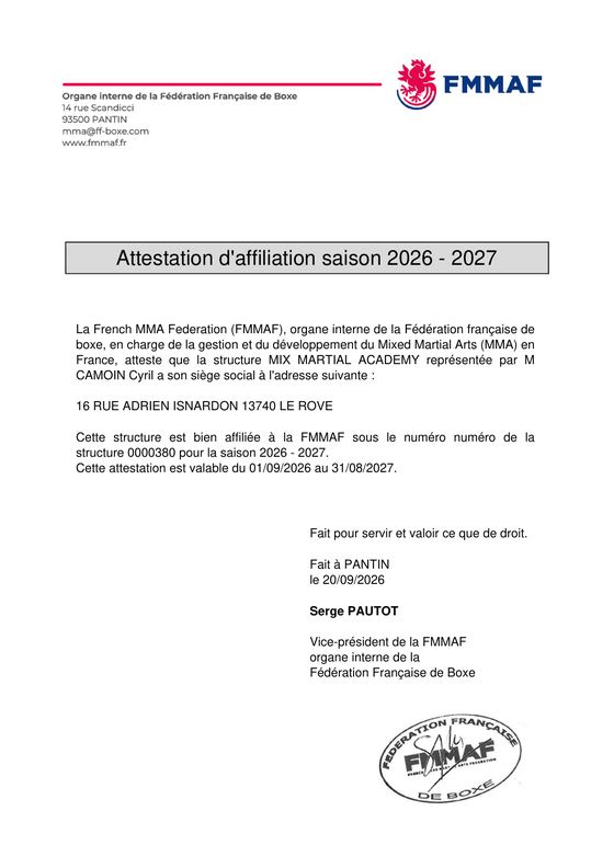 Aper&ccedil;u de l'attestation d'affiliation FMMAF 2026/2027